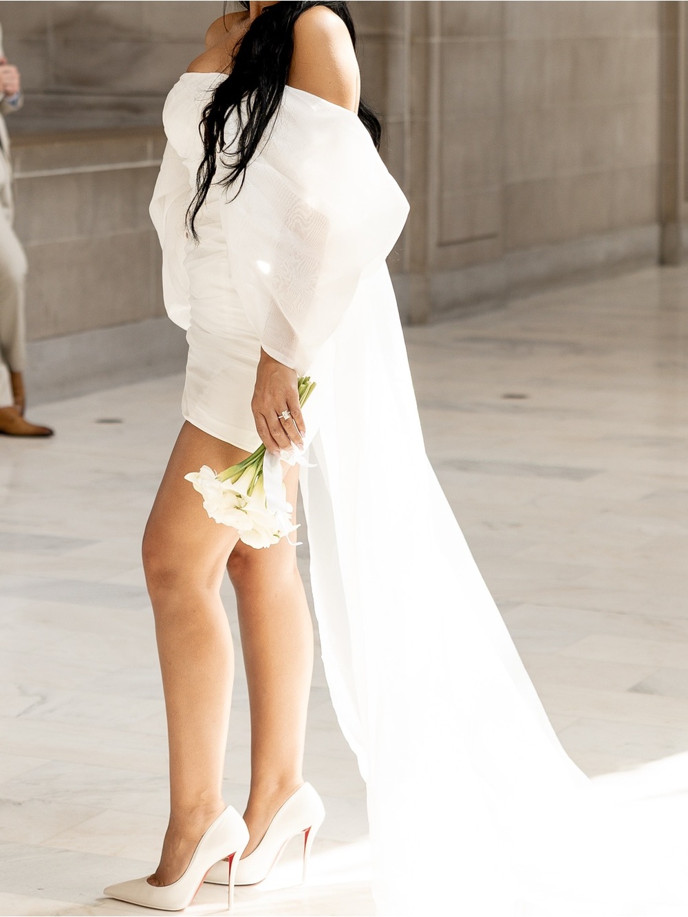 Off-Shoulder White Bridal Mini Dress with Dramatic Train